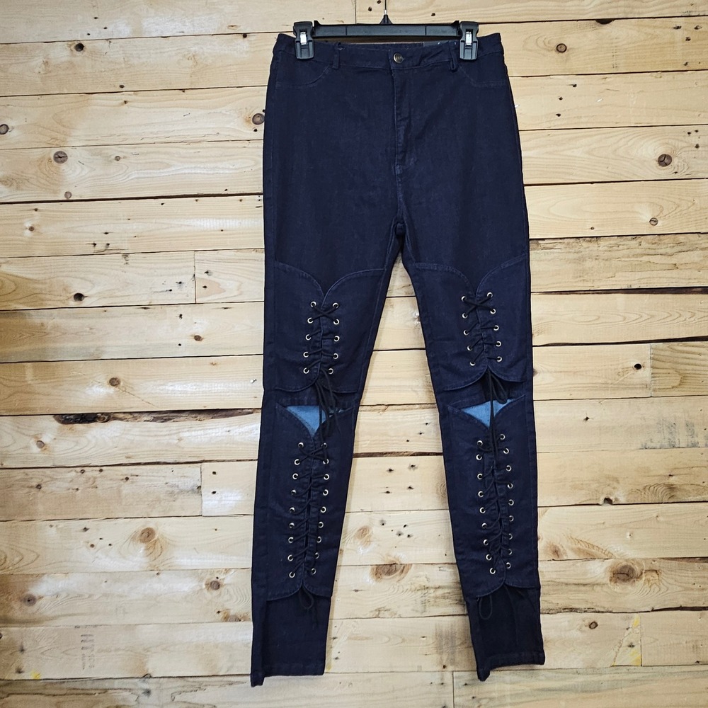 Fashion Nova Double Trouble Lace Up Front Jeans Dark Denim Size 11 New